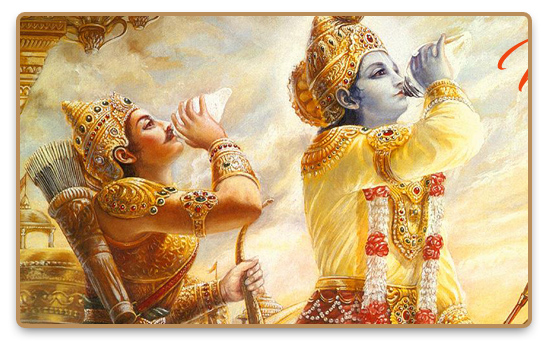 Scene from the Hindu epic, Bhagavad Gita, with Krishna and Arjuna
