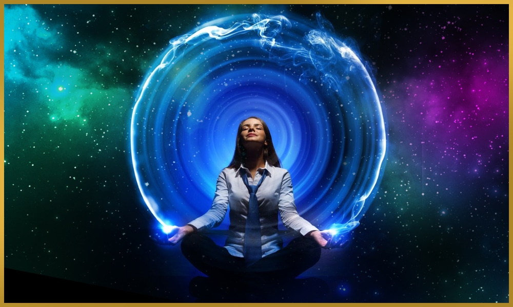 Meditating woman in blue energy sheath