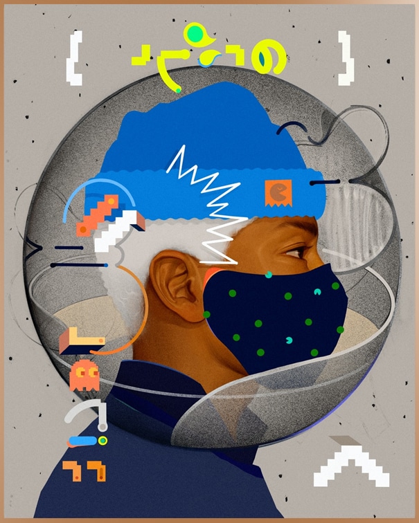 Colorful illustration of a man wearing a mask and cap