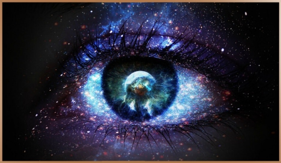 Glittering green spiritual third eye stares the universe
