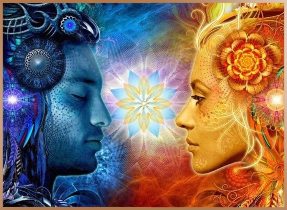 Twin flames couple complement each other, blue man and orange woman