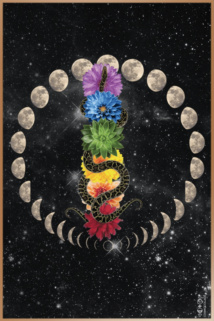 Kundalini serpent rises through the chakras (colorful flowers) as moon phases change in the sky