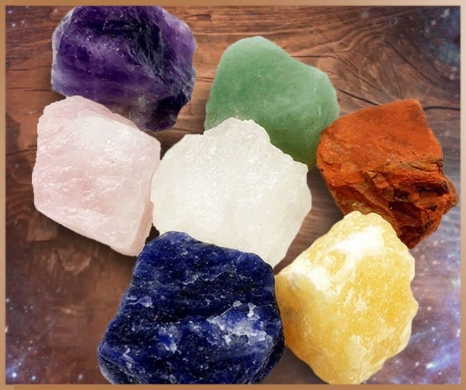 Natural healing crystals in colors of the seven chakras