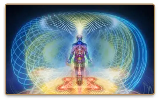 Artistic representation of a human figure with a vibrant biofield energy aura, featuring dynamic colorful energy patterns and chakras.