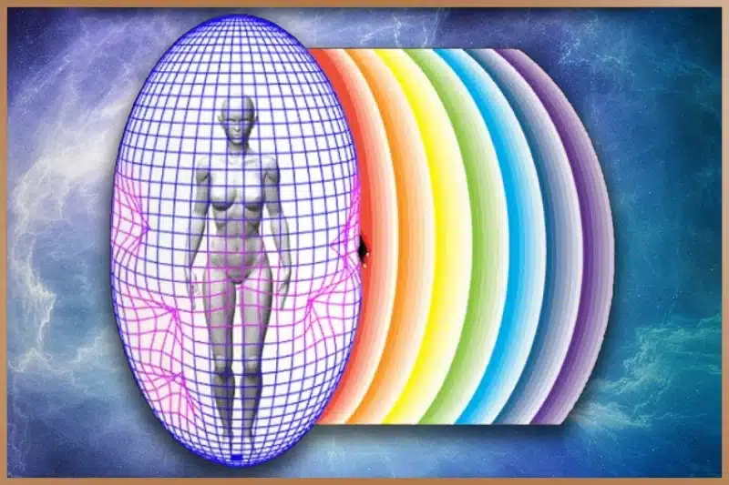 Illustrative representation of a human biofield, depicted with a human figure surrounded by a multi-colored, structured energy grid against a cosmic background.
