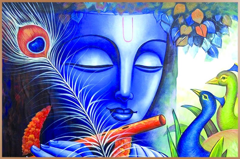 Krishna, the god of compassion, tenderness, love, with his flute and birds