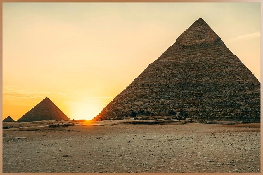 Sunset at the pyramids in the desert