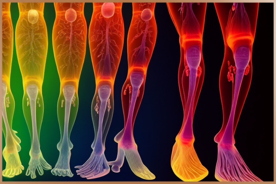Colorful illustration of the chakra centers in the human leg