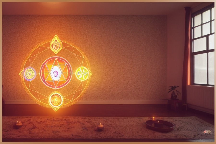 Cosy spiritual room for intuitive healing with mandala, candles and window