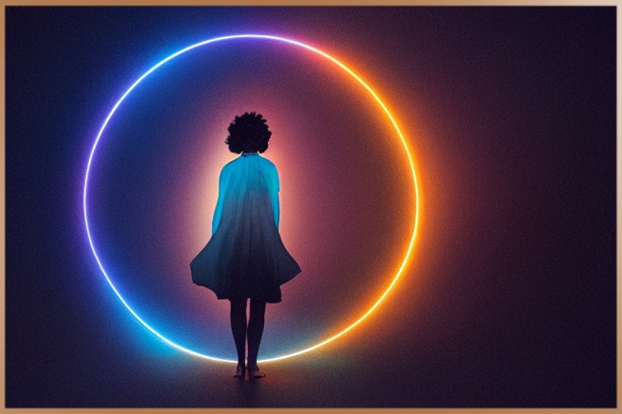 Woman standing in neon light circle