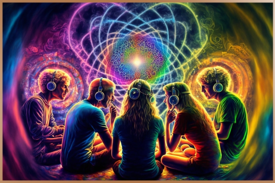 Colorful illustration of different spiritual people sitting together to raise their vibrations to a higher frequency