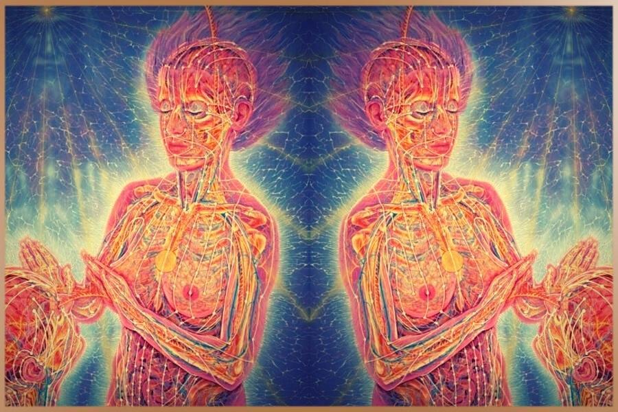 Colorful illustration of spiritual energy healing and connections in the human body