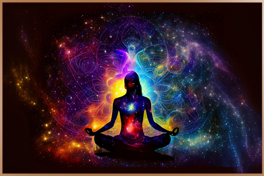 Cosmic yoga girl practicing meditation with spiritual universe in background