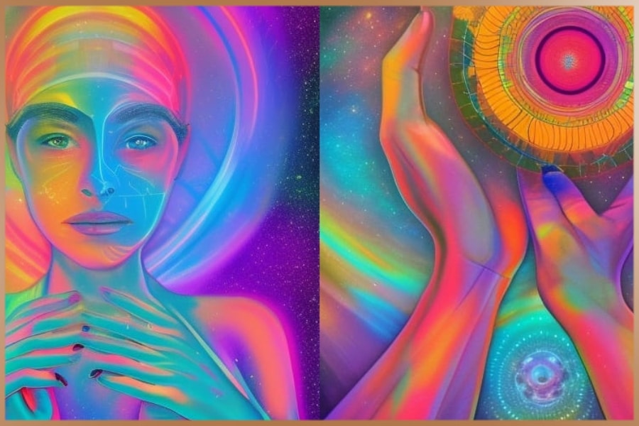 Colorful illustration of a spiritual woman, her hands and the flowing life energy