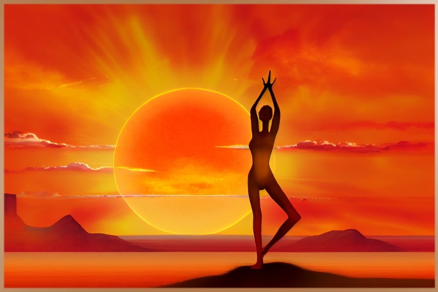 Illustration of a spiritual woman practicing yoga in the sunset