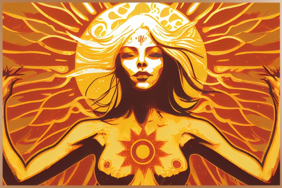 Spiritual illustration of a woman full of life energy and the sun and the unity of them