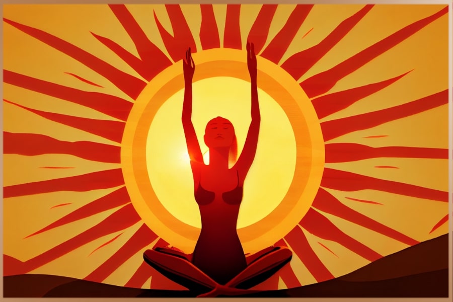 Woman practicing yoga and meditation and sun salutation with the rising sun in the background