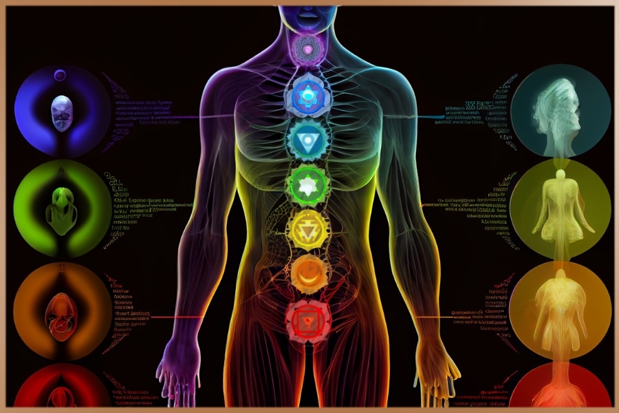 Illustration of the 7 main energy points of the human body: the seven chakras