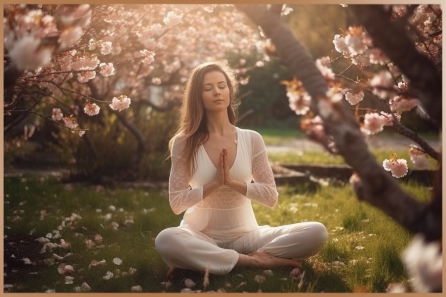 Woman is practicing breathing exercises in the blooming garden during sunny spring season