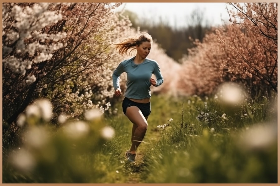 Woman is trail running in nature during blooming springtime on a sunny day