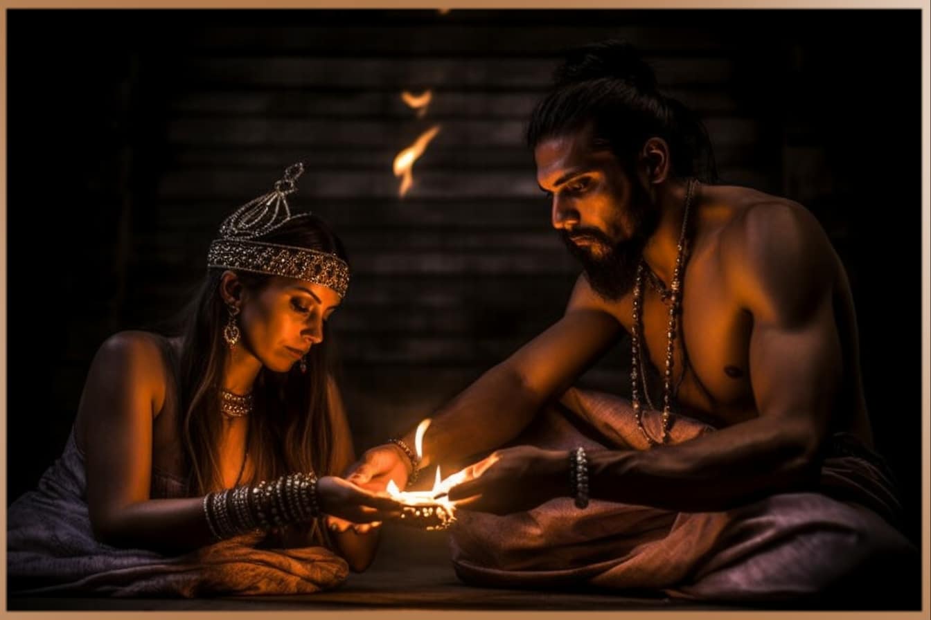 Spiritual tantric fire ritual man and woman