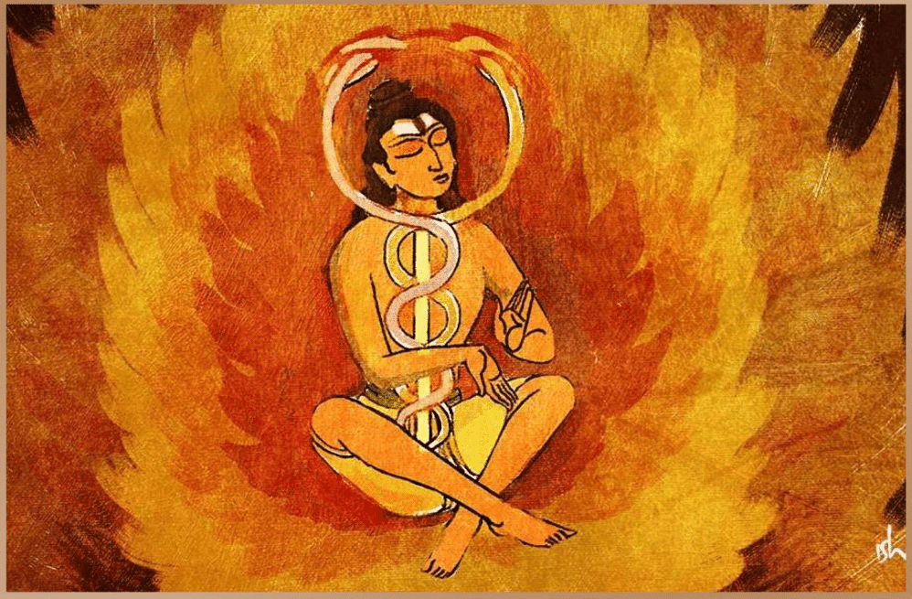 A kundalini shaman sits in the middle of the fire and meditate.