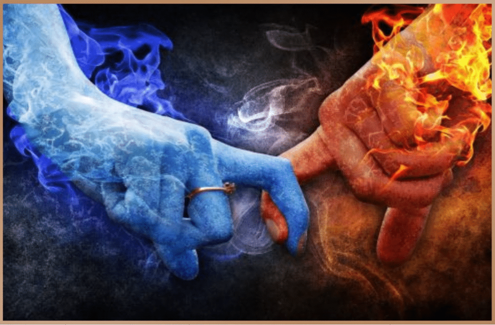 Blue hand holds an orange hand. Blue hand is made of water and orange is made of fire.