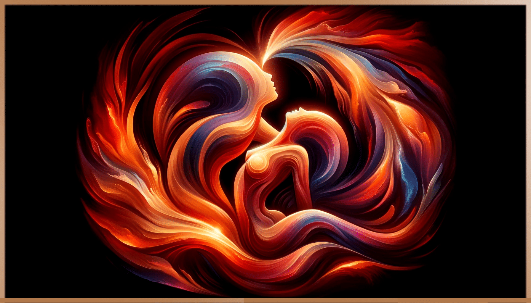 Abstract representation of sexual energy with vibrant swirls of red and blue hues forming silhouettes suggestive of human connection.