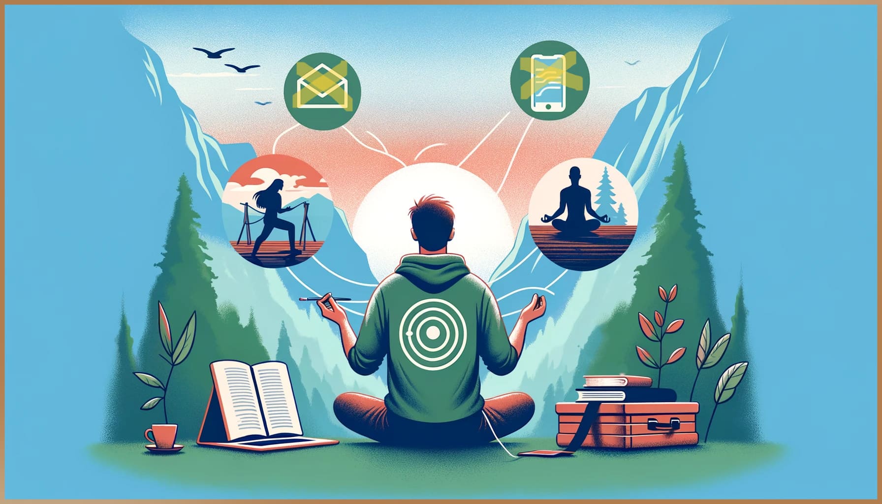 A person meditating in nature, surrounded by icons of traditional self-care activities, emphasizing digital detox.