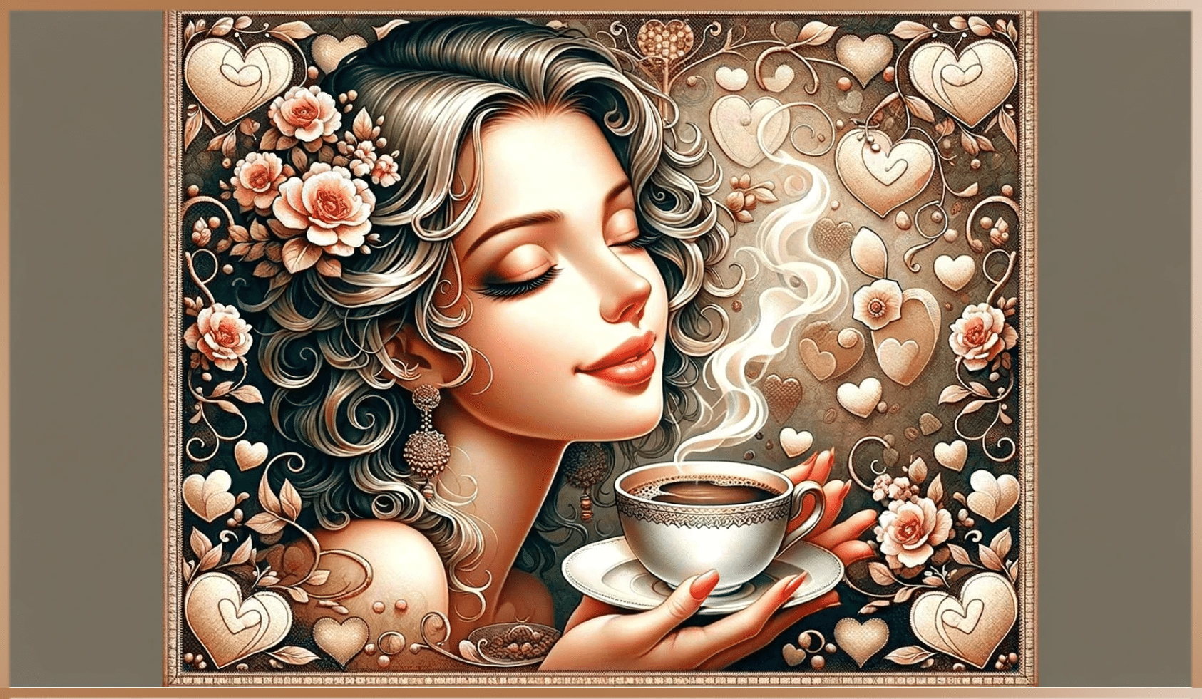 A serene woman enjoying the scent of coffee surrounded by heart motifs and floral designs