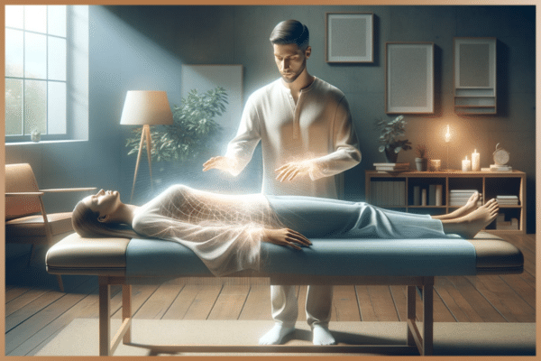 Reiki master performing energy healing in a serene therapy room