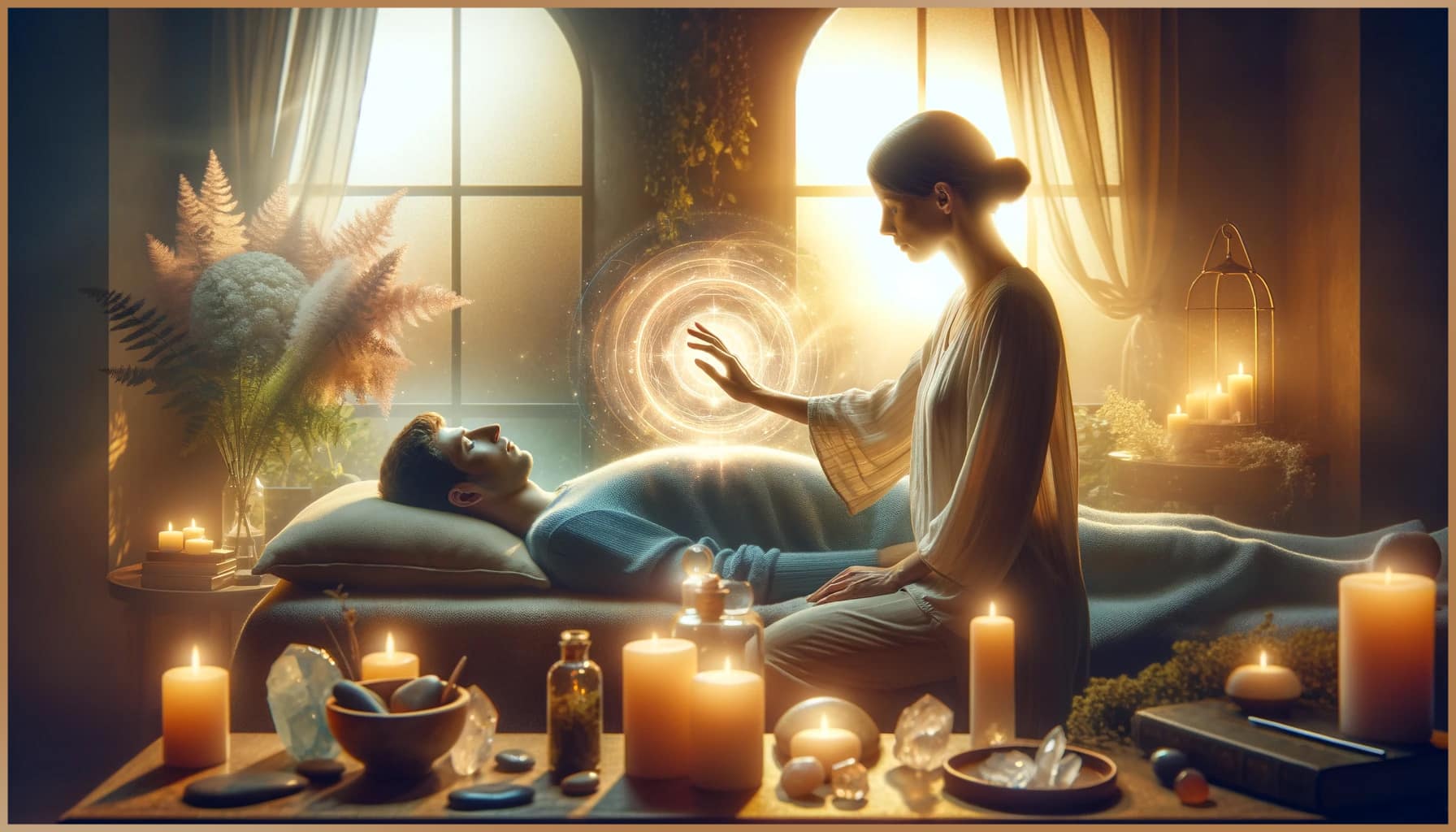 Energy healing session with a healer channeling energy over a relaxed individual amidst a serene setting with candles and crystals.
