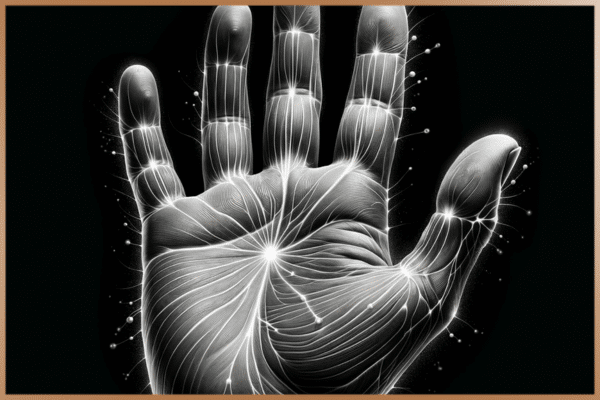 Close-up illustration of a human palm radiating with threads of life energy