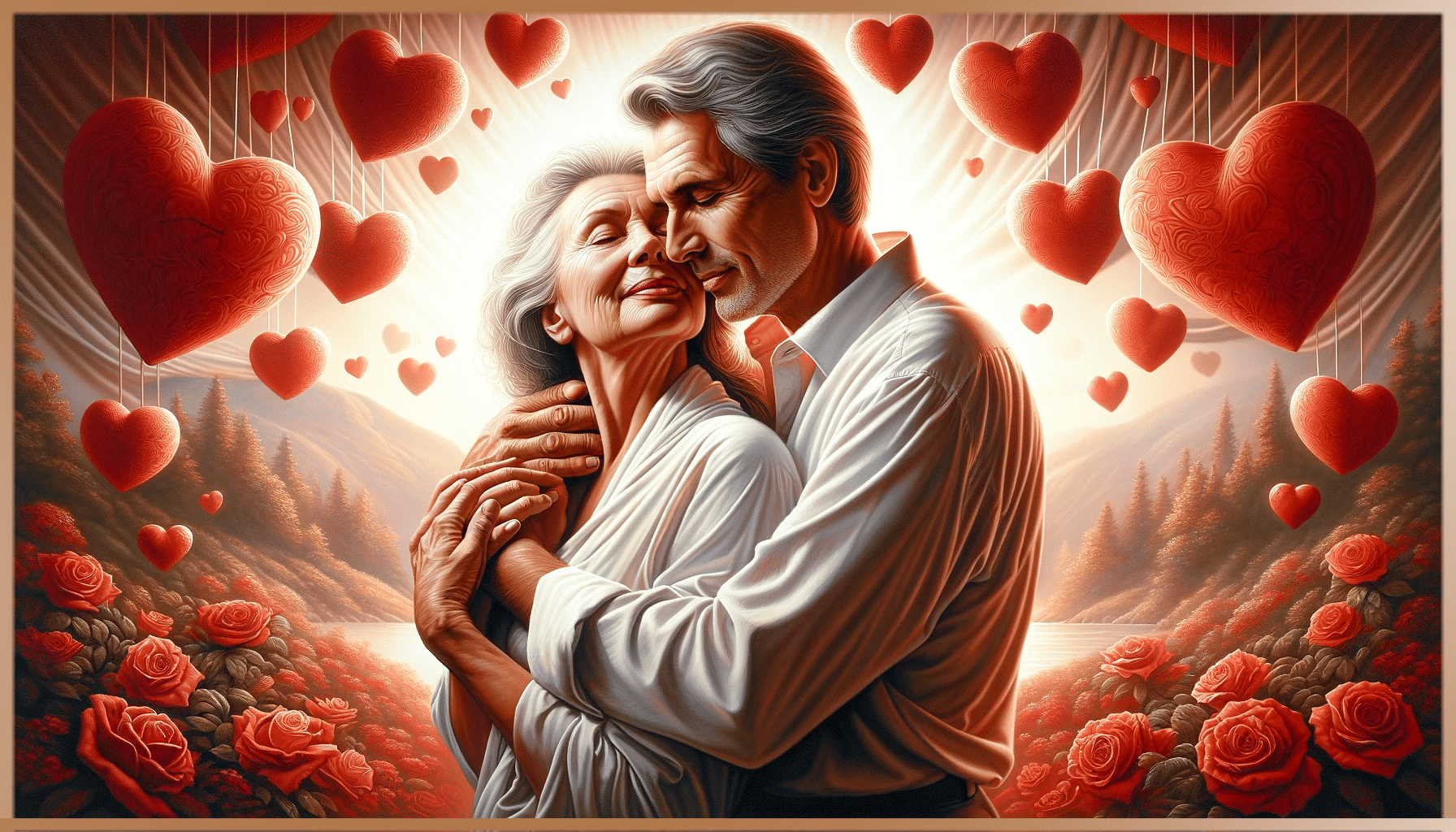 An older couple in a loving embrace among heart-shaped balloons and roses, symbolizing enduring affection