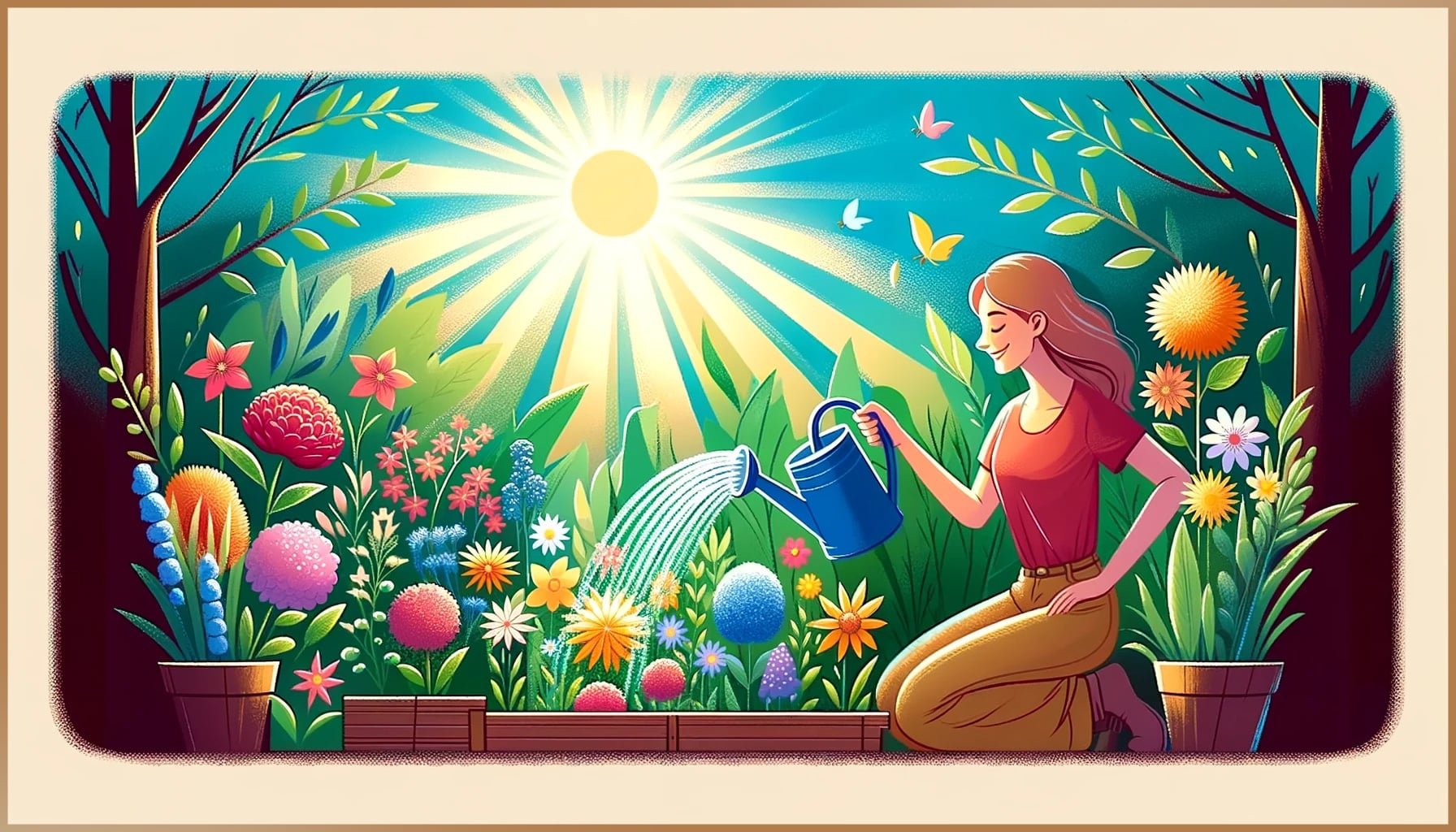 A woman joyfully watering a vibrant garden full of colorful flowers, symbolizing self-care and personal growth.