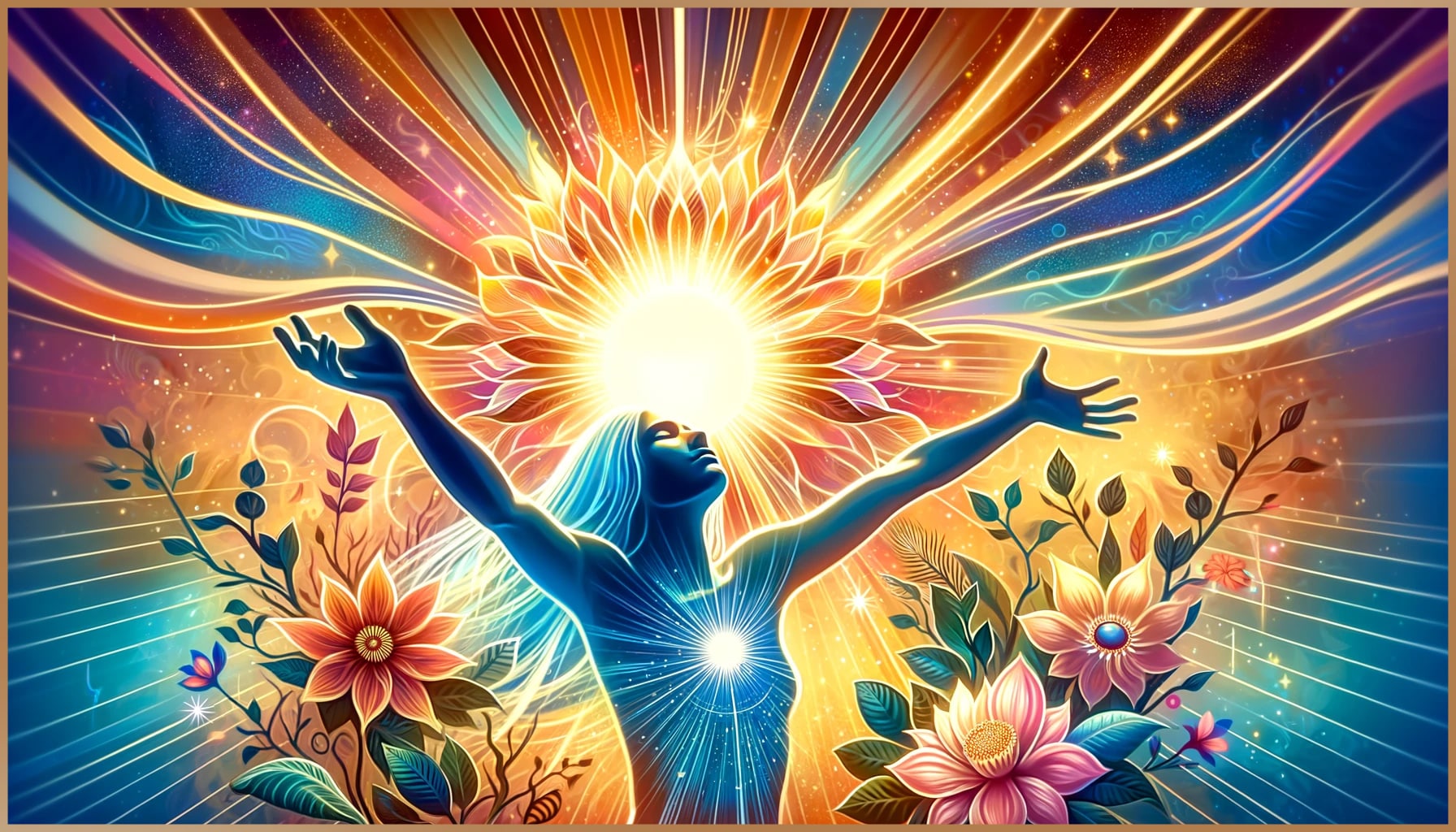A person with arms raised, emanating radiant life energy, surrounded by nature and cosmic elements.