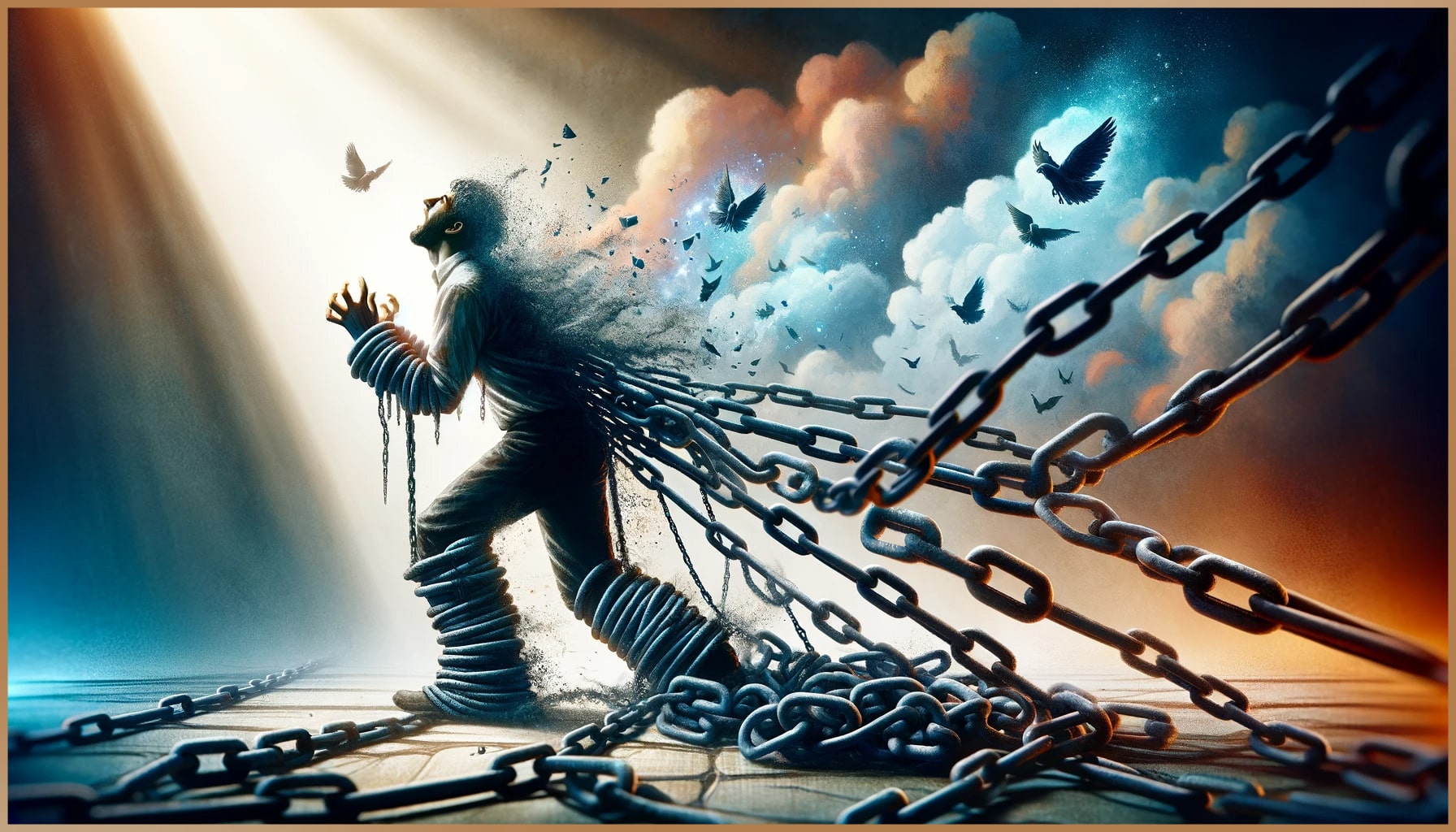 A person breaking free from heavy chains representing old beliefs, symbolizing the journey towards self-love.