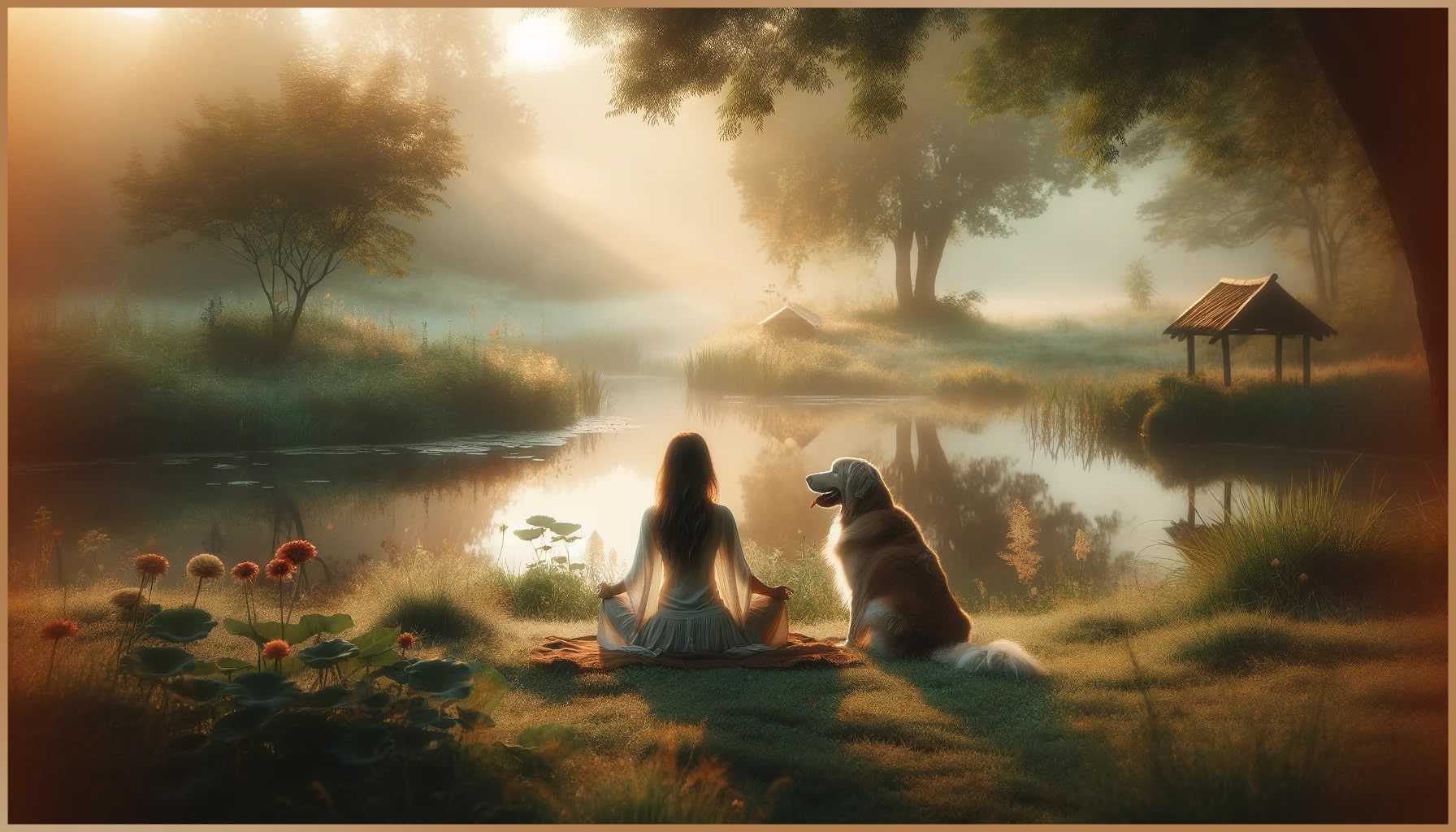 Woman and dog enjoying a serene moment by a reflective lake at sunrise.