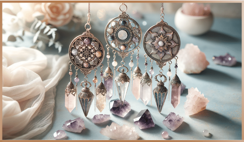 Elegant spiritual pendulums with crystals against a pastel background.