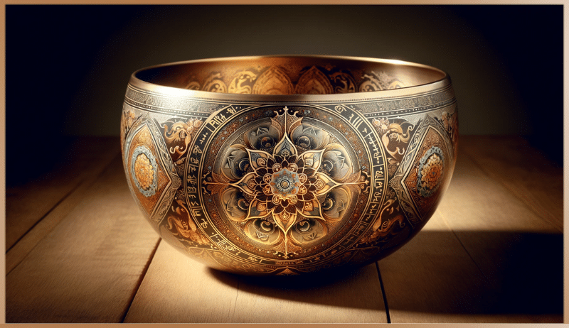 An ornately decorated singing bowl designed for spiritual practices and telekinesis concentration exercises.