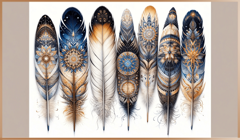 Intricately designed bird feathers with spiritual motifs, symbolizing telekinetic energy and focus.