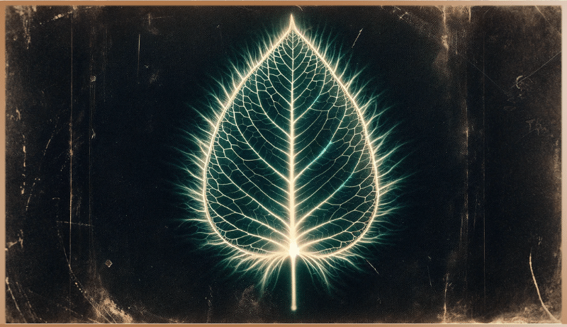 Vintage-style Kirlian photograph of a leaf with a glowing outline, representing the coronal discharge in a high-frequency field, reminiscent of 1940s photography techniques.