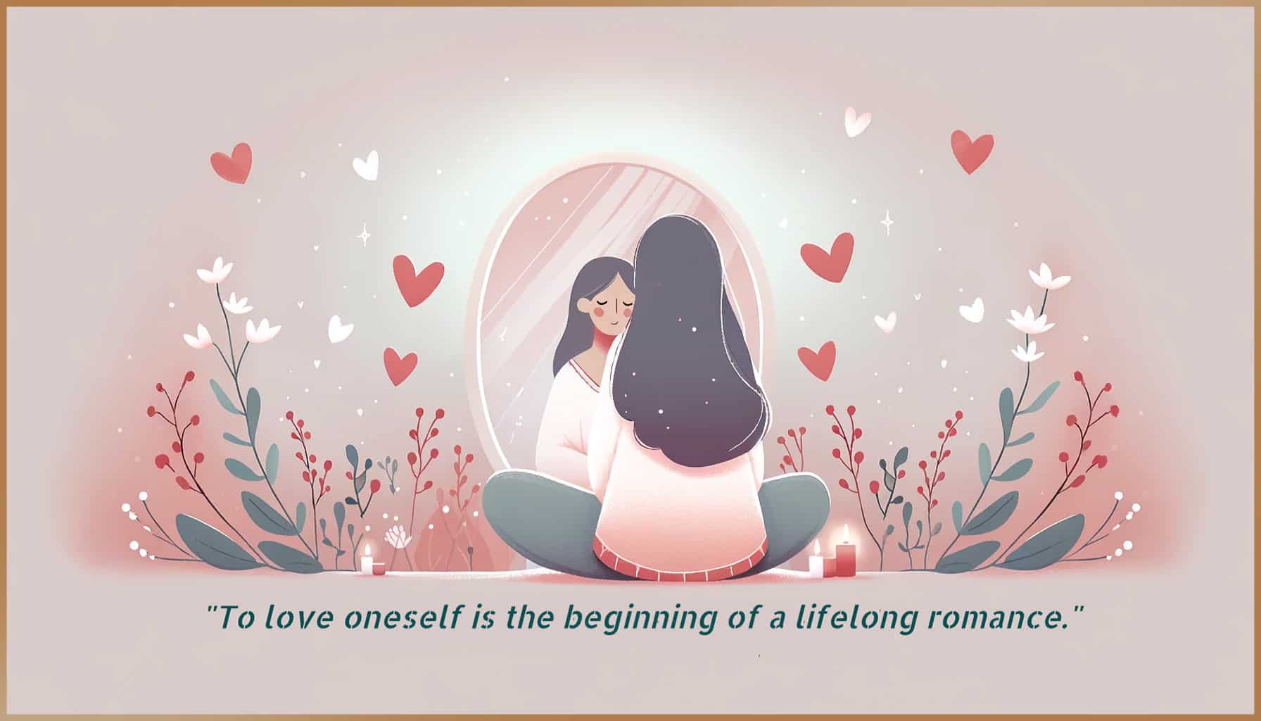A woman reflects on self-love while looking at her reflection in the mirror, surrounded by hearts and nature.