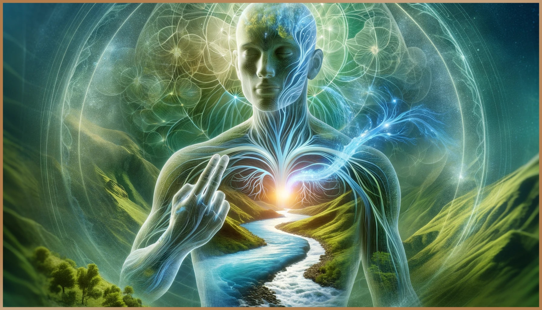 Illustration of a meditative figure with rivers and light symbolizing life energy flowing through the body.