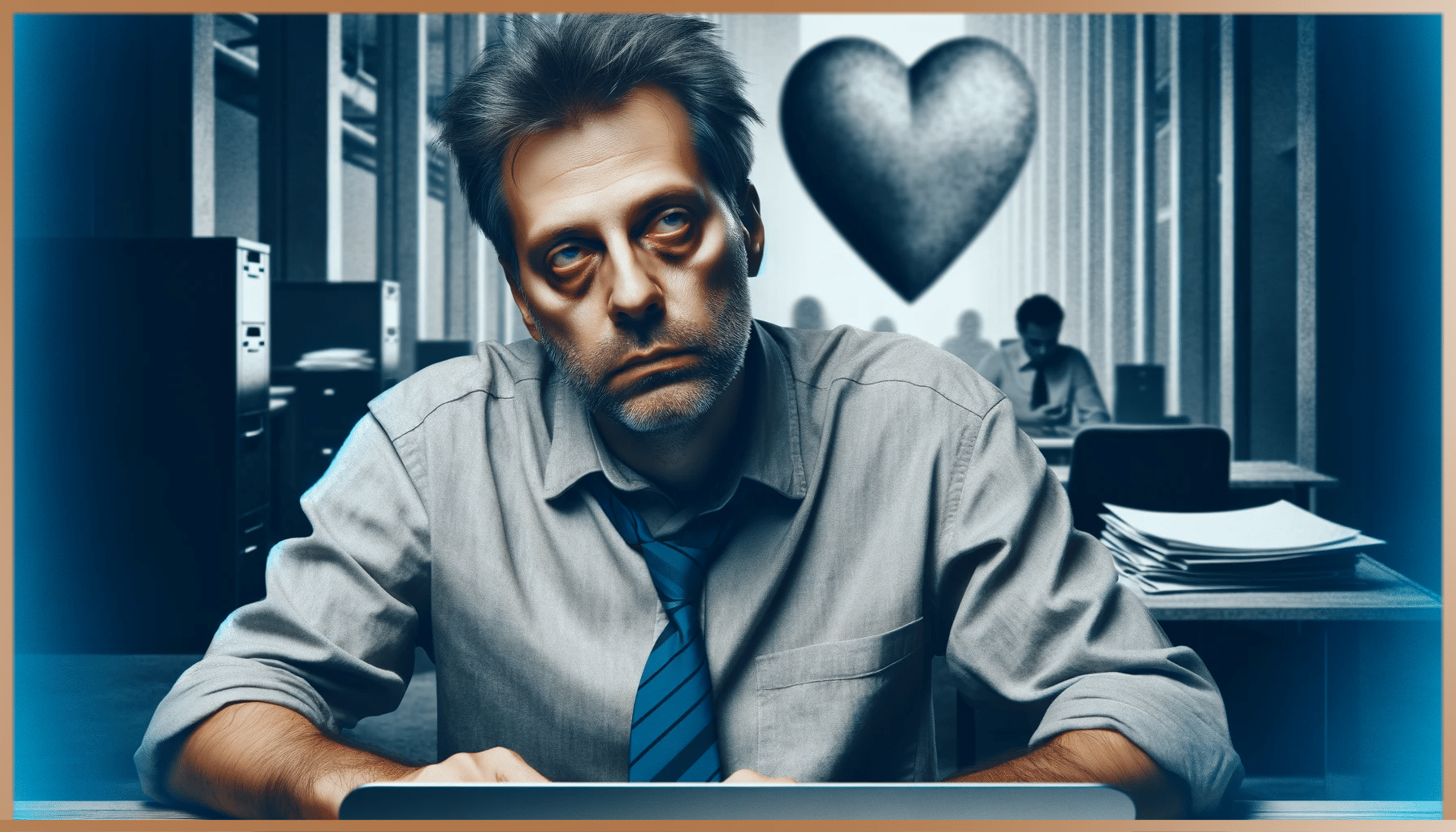 A weary man at his desk, with exhaustion evident in his eyes and a faint grey heart in the background, symbolizing the depletion of energy.