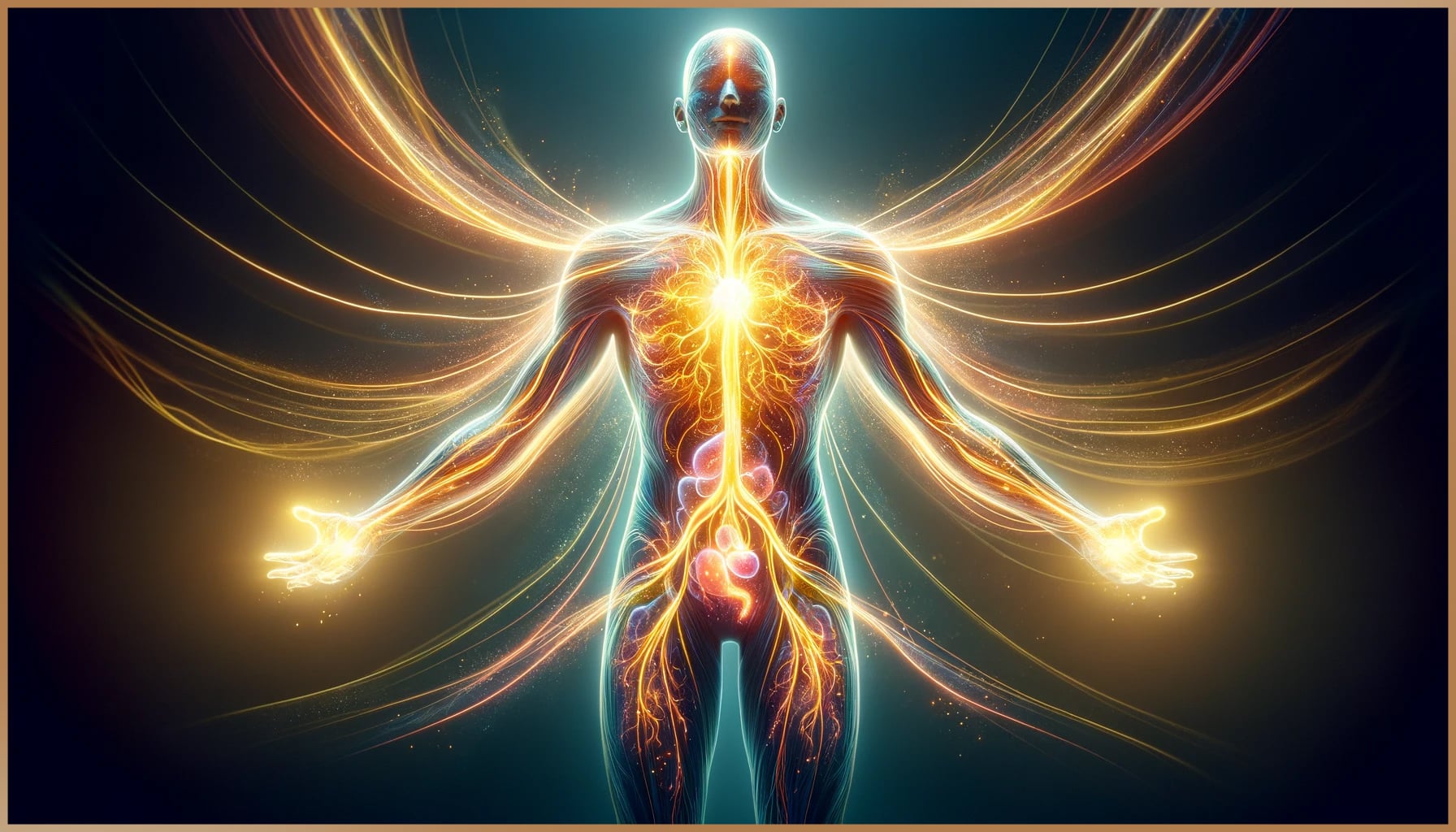 An illustration of a human figure aglow with vibrant, golden-hued energy lines flowing through the body, symbolizing the practice of energy healing and the interconnectedness of body and mind.