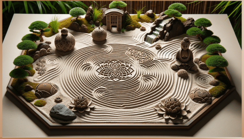 Miniature Zen garden with spiritual carvings, promoting a peaceful environment for telekinesis practice.