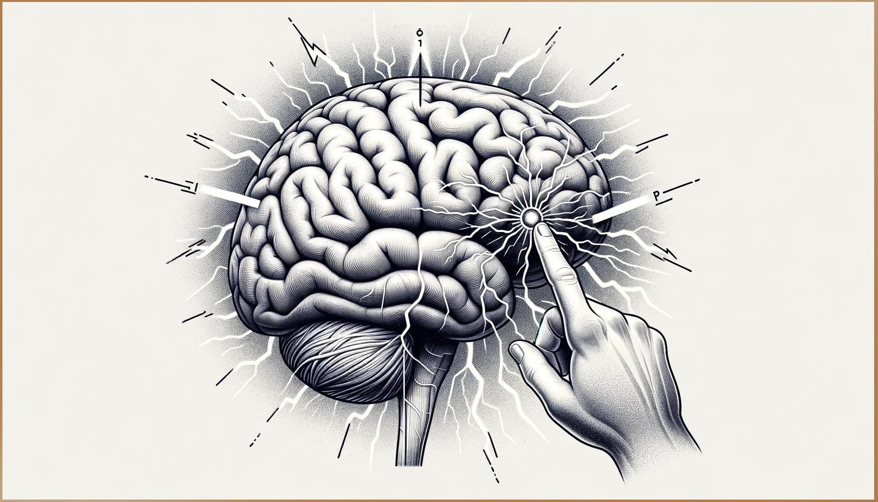 Illustration of a hand pressing a button on the human brain, surrounded by bursts of electricity symbolizing activation.
