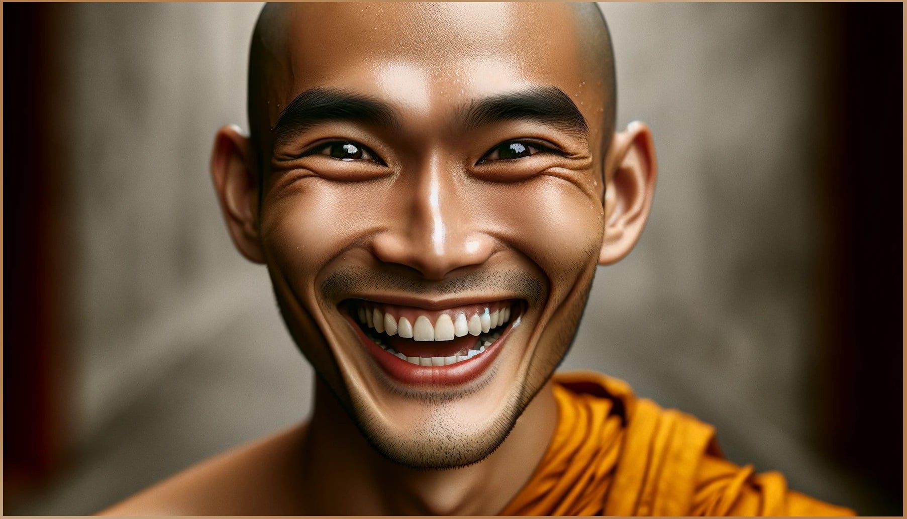 A Buddhist person smiling broadly, embodying the joy of Ten Million Day in Buddhism, wearing traditional saffron robes, with a focus on their expressive face and the emotion of the celebration.