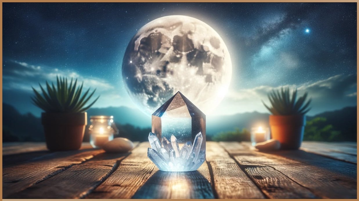 A healing crystal glistens on a wooden table under the glow of a full moon, capturing the essence of crystal healing by moonlight.